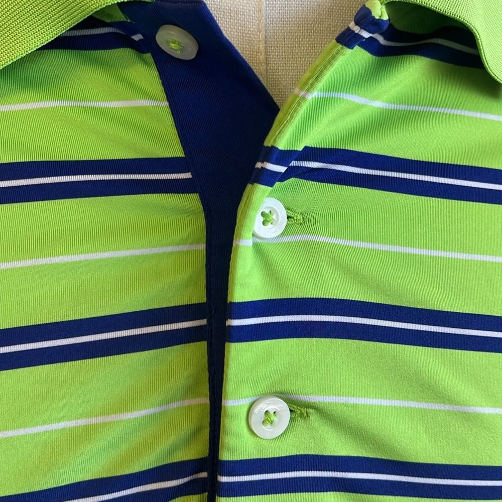 RLX Ralph Lauren Golf Polo Blue & Lime Green Stripes S/S Logo on Sleeve Men XL